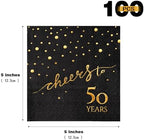 100 Pack of 50th Birthday Napkins, Cheers to 50 Cocktail 5x5 Inches Party Paper Napkins for Birthday Decorations Wedding Anniversary Black and Gold, 3-Ply
