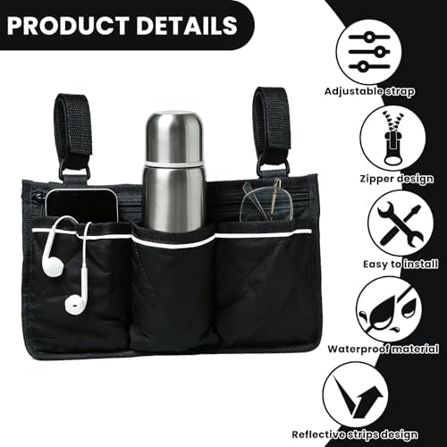 Wheelchair Side Bag, Armrest Pouch with Reflective Stripe, Detachable Rollator Bag Wheelchair Pouch Side Pocket Organizer Bags for Wheelchairs, Walkers or Rollators (Black)