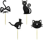 TSJ 24 PCS Glitter Black Cat Cupcake Toppers Kitty Cake Toppers Cat Cupcake Picks Kitten Theme Party Cake Decorations