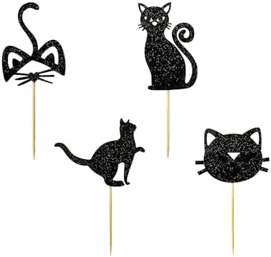 TSJ 24 PCS Glitter Black Cat Cupcake Toppers Kitty Cake Toppers Cat Cupcake Picks Kitten Theme Party Cake Decorations