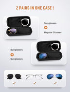 Double Glasses Case Hard Shell, Dual Sunglasses Organizer w/ Zipper, Shockproof Travel Eyewear Storage Case for Car