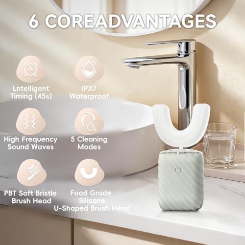Ultrasonic Automatic Electric Toothbrush for Adults- U Shaped self Brushing Toothbrush, 360° Mouth Cleaning, 5 Modes for Whitening, IPX7 Waterproof Rechargeable (Light Gray)
