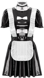 Linjinx Women's French Maid Costume Wet Look Leather Short Puff Sleeve Dress Cosplay Outfits