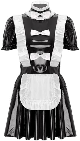 Linjinx Women's French Maid Costume Wet Look Leather Short Puff Sleeve Dress Cosplay Outfits