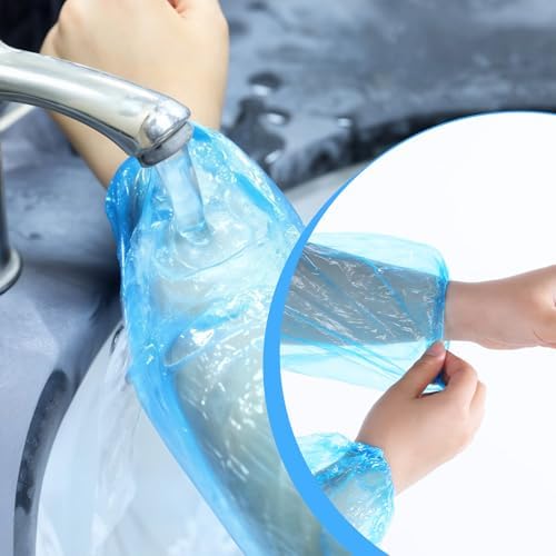 Prasacco 200PCS Disposable Arm Sleeves Covers, Waterproof PE Oversleeves for Painting Cleaning Tattooing, Blue Plastic Sleeve Protectors with Elastic Cuffs