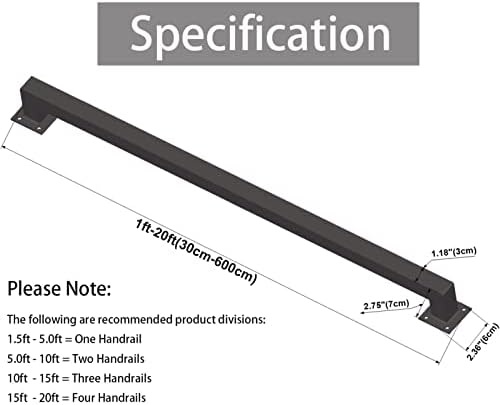 1ft-20ft Industrial Square Pipe Staircase Handrails, Stair Rustic Banister with Wall Mount Supports, Non-Slip Grab Bar Railing Industrial Galvanized Steel Pipe Handle(Black,10ft/300cm)