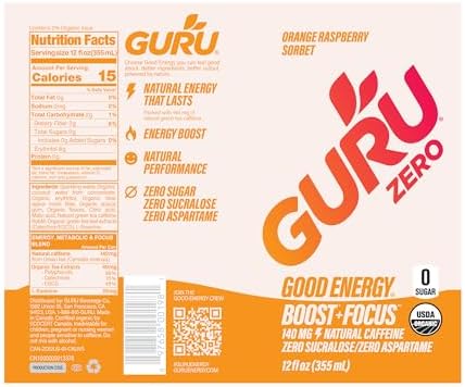 GURU ZERO SUGAR Organic Energy Drinks Variety Pack, Clean Energy Drink with Plant Based Natural Caffeine from Green Tea, Coconut Water, Prebiotic, Zero Added sugars, Gluten Free and Vegan, Pre Workout, Healthy Drinks, 12oz (Pack of 12)