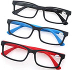 MODFANS Reading Glasses Men Women 2.0 Strength Readers Eyeglasses Square Matte Comfort Feel Spring Hinge 3 Pack Mix Color Black Red Blue