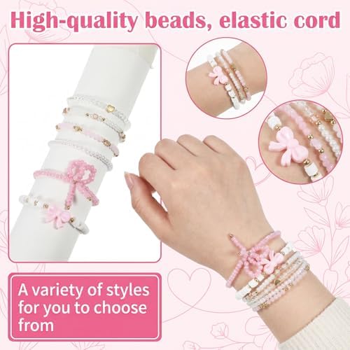 Larrel Pink Bow Bracelet Set for Women, 6 Pcs Stackable Beaded Stretch Bracelets with Bow Charm, Aesthetic Pink Jewelry Gift for Women Girls for Birthday Christmas Valentine's Day