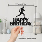 Black Glitter Runner Happy Birthday Cake Topper Cheer to Marathon Running Track and field Sport Theme Decor Supplies Men Women Boys Girls Happy Birthday Party Decorations