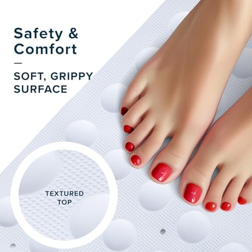 SlipX Solutions Square Natural Rubber Shower Stall Mat, 21” x 21”, Non Slip Safety, Built-in Product Protection, 140 Power Grip Suction Cups, Center Drain Hole, White