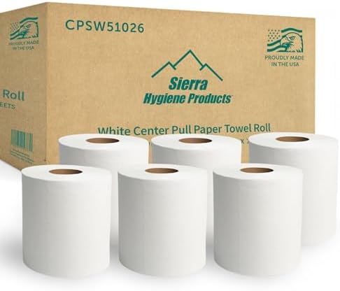 Sierra Hygiene 510’ Centerpull Paper Towels (7.5" x 10.5" Sheets) 2-Ply White – 6 Rolls Commercial Center Pull Paper Towel Rolls, For Offices, Restaurants, Schools & Warehouses, Made in USA