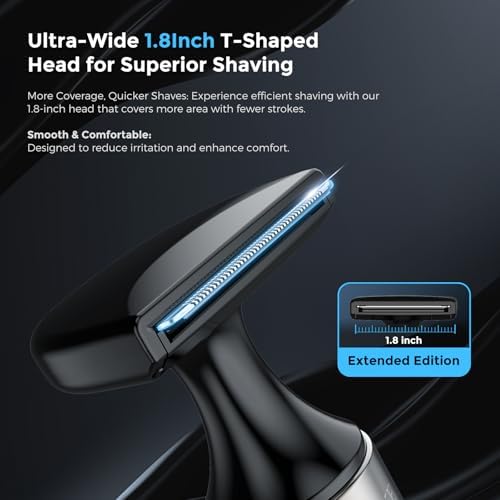 FOKE Back Shaver for Men, Ultra-Wide 2" T-Shaped Head, Travel Case, LED 4 in 1 Mens Back Shaver Rechargeable with Long Handle, Safety Lock, IPX7, Multi-Functional Back Trimmer for Men, (Flat Black)