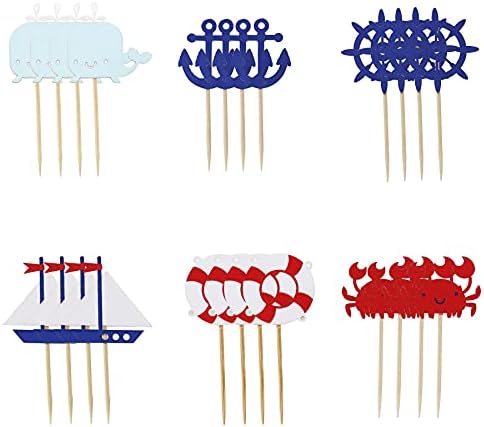 Confetti! 24 Pieces Nautical Cupcake Toppers for Ocean Sailing Theme Party Birthday Party Baby Shower Wedding Party Decorations (Sailboat, Whale, Crab, Anchor, Life Ring, Helm)