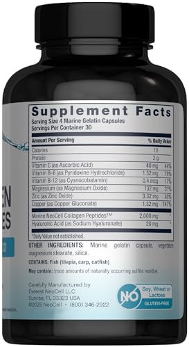 NeoCell Marine Collagen Peptides Capsules | 120 Pills | with Hyaluronic Acid | Plus Vitamin C | for Women and Men