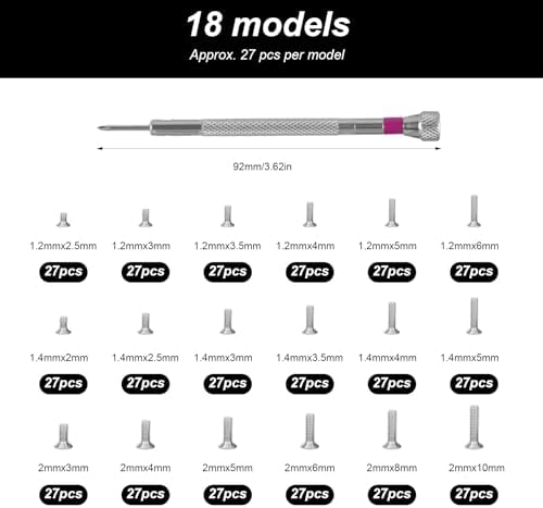 Micro Screw Repair Kit 500pcs - M1.2/M1.4/M2 Self-Tapping Tiny Screws for Eyeglasses, Watches, Electronics & Laptop Repair - Precision Mini Screwdriver Set
