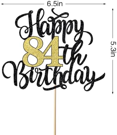 Happy 84th Birthday Cake Topper, Black Gold Glitter Birthday Cake Topper, 84th Anniversary/ 84th Birthday Party Decoration Supplies