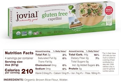 Jovial Whole Grain Brown Rice Capellini Pasta - Whole Grain Pasta, Organic, Gluten Free, Dairy Free, Brown Rice Pasta, Made in Italy - 12 Oz, 4 Pack