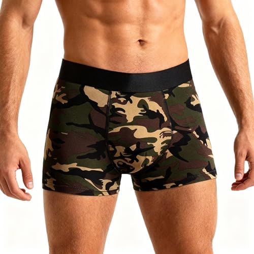 Men's Camouflage Print Long Boxer Briefs,Casual Men's Shorts,Quick-Drying Sports Underwear,Green,XL