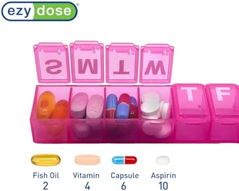 EZY DOSE Weekly (7-Day) Daily Pill Organizer, Vitamin Planner, Medicine Container, Case for Supplements and Fish Oils, Convenient and Easy to Use, Medium Compartments, Travel Friendly, Pink, BPA Free