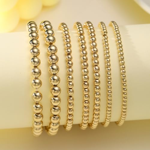 Gold Beaded Bracelets Adjusatable 14K Gold Plated Stackable Bracelets Stretch Bead Ball Bracelet Set for Women 3MM 4MM 6MM 8MM Beads Jewelry