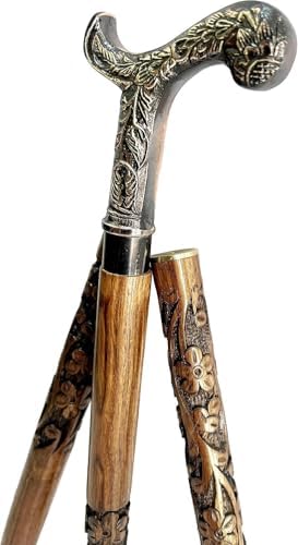 Wooden Carved Walking Stick - 36" Premium Handmade T-Shape Walking Stick with Spiral Wooden Shaft - Antique Finish Rosewood Stylish Handle Derby Head Walking Cane for Men, Women & Elderly