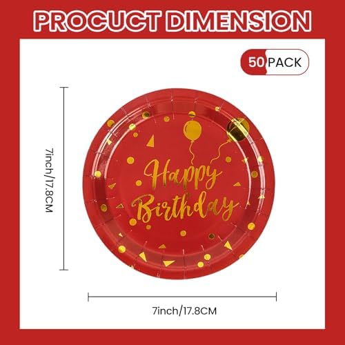 50 Pack Happy Birthday Red and Gold Paper Plates, 7 inch Metallic Foil Polka Dots Disposable Dessert Party Supplies for Graduation Wedding Holiday Christma Party Decorations