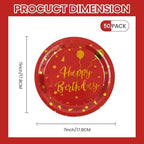 50 Pack Happy Birthday Red and Gold Paper Plates, 7 inch Metallic Foil Polka Dots Disposable Dessert Party Supplies for Graduation Wedding Holiday Christma Party Decorations