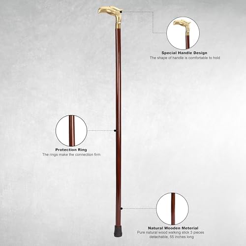 Ajuny Wooden Walking Stick for Men Women Seniors Lightweight Detachable Handmade Cane with Decorative Brass Handle Unique Gift for Adults