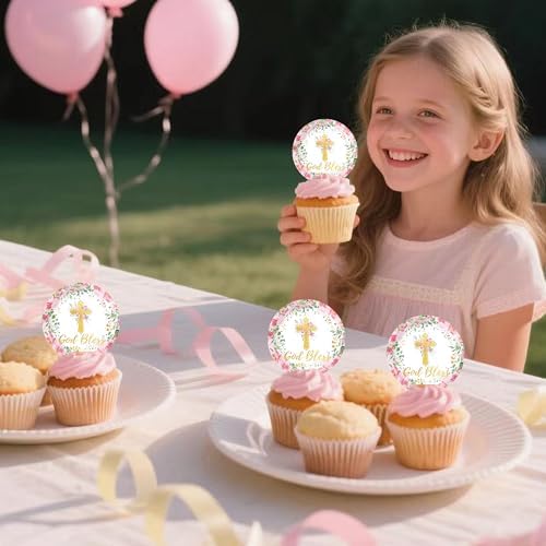 48PCS Edible Pink God Bless Cupcake Toppers Cross Cupcake Toppers Girl Baby Shower Cake Topper Decorations for Christian Theme Decorations Supplies