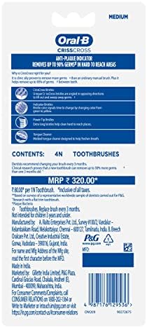 Oral-B Criss Cross Deep Clean Medium Bristles Manual Toothbrush for Adults,Tongue Cleaner, Multicolour Tooth Brush Set, Oral B Dentist Recommended Brand (Family Pack Total 4 Brushes)