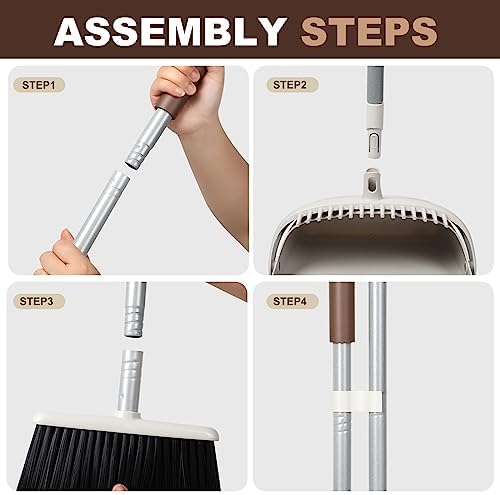 54" Long Handled Broom and Dustpan Set - Perfect Dust Pan and Brush Combo for Efficient Cleaning, Brown and White