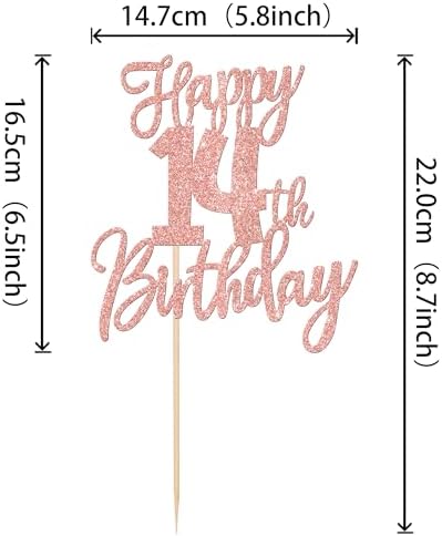 1 PCS Happy 14th Birthday Cake Topper Glitter Cheers to 14 Years Birthday Cake Pick Fourteen Hello 14 Fabulous Cake Decorations for Happy 14th Birthday Anniversary Party Supplies Rose Gold