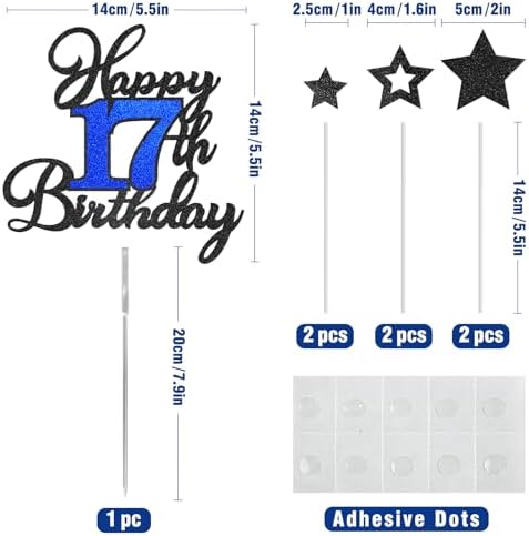 17th Birthday Cake Topper, Black Blue Happy 17th Birthday Cake Toppers for Boy Girl, 17 Years Old Birthday Party Supplies, Glitter Cake Decor, 17th Birthday Cake Decorations