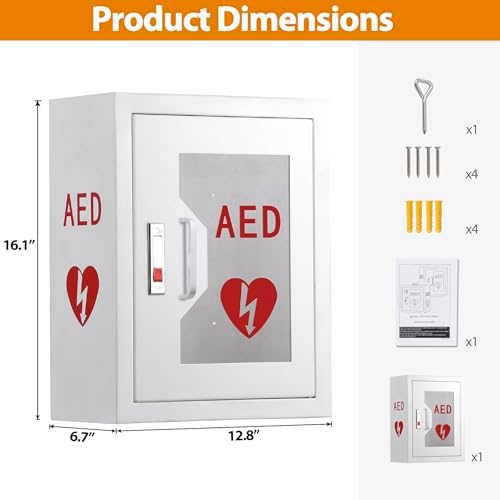 AED Defibrillator Cabinet, Wall Mounted AED Medicine Cabinet with Lock Fits Various AED Defibrillator 12.8 x 6.7 x 16.1 inch