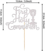 1 PCS First Holy Communion Cake Topper Glitter Baby Baptism Christening Cake Pick God Bless Cake Decorations for First Communion Theme Baby Shower Birthday Party Supplies Silver
