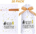 Frienda 30 Pack Christmas Treat Bags Merry Christmas Tree Print Cookie Candy Bag Drawstring Plastic Favor Pocket for Xmas Thanksgiving Party Birthday Wedding Engagement Holiday