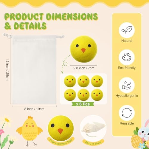 Jenaai 6 Pcs Wool Dryer Balls Bulk for Easter Laundry Basket Cute Organic XL Wool Dryer Laundry Balls Natural Soft Fabric Softener Anti Static Fabric Softener Alternative for Clothes(Easter Chick)