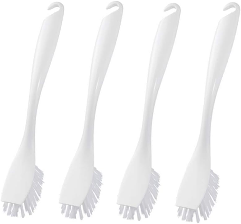 Dishwashing Brush with Hangable Long Handle, Built-in Scraper, Scrub Brush for Dish, Pans, Pots, Kitchen Sink Cleaning - 10 Inch, 4 Pack (White)