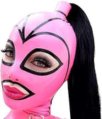 IMZAUYH Latex clothing Hood Mask Holiday Rubber Full Face Pink and Black Strips with Ponytail Wig cosplay handmade CF00