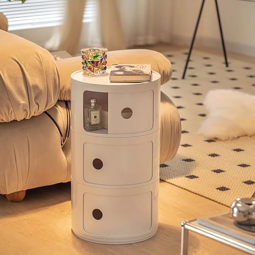 Round Nightstand With Drawers, Small Bedside Table With Storage, Cabinet With Sliding Door, Modern End Side Table, Plastic Chest for Living Room Bedroom Bathroom