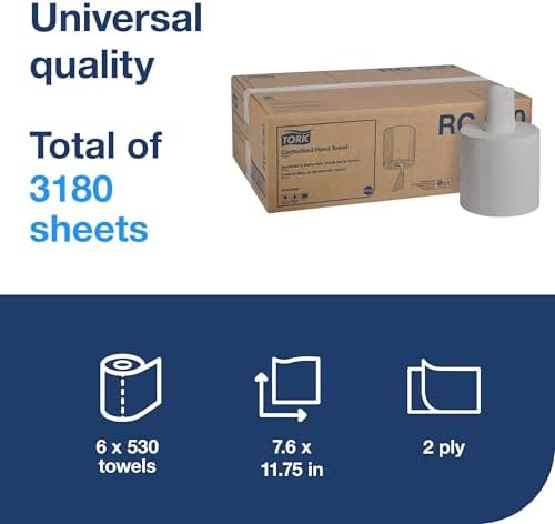 Tork Centerfeed Hand Towel White One-at-a-time Dispensing, M23 Compatible 6 Rolls x 530 Sheets (RC530)