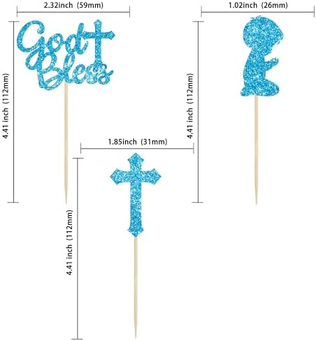 Gyufise 24Pcs Blue Glitter God Bless and Cross Cupcake Topper Boy Babyshower Cake Decorations for Babyshower Boy Baptism Party Decoration Supplies
