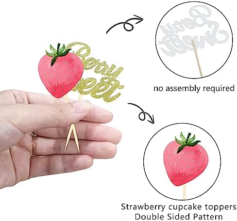 24 Pcs Strawberry Cupcake Topper Glitter Berry Sweet Cupcake Topper for Berry Rush Strawberry Theme Kids Birthday Frutti Party Baby Shower Wedding Bridal Shower Supplies (Berry Sweet Pink)