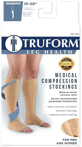 Truform 15-20 mmHg Compression Stockings for Men and Women, Knee High Length, Open Toe, Beige, Medium