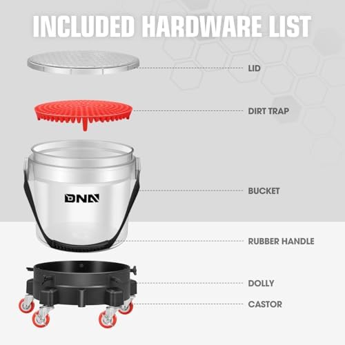 DNA Motoring 5 Gallon Washing System Includes 15.5L Bucket, Filtration System Insert, Five Castor, Bucket Dolly, and Lid for Car Wash and Detailing, Transparent, TOOLS-00603