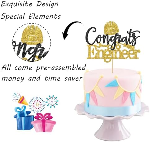 Congrats Engineer Cake Topper - Congrats Grad - Future Engineer - Engineering Graduate Graduation Party Cake Decorations, Gold Black Glitter
