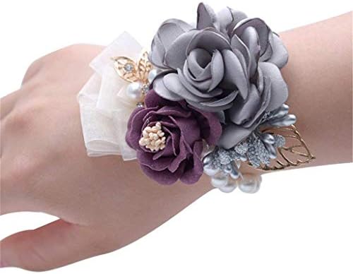 Rose Wedding Wrist Corsage and Boutonniere Set Party Prom Hand Ribbon Flower Suit Decor (Light Gray)