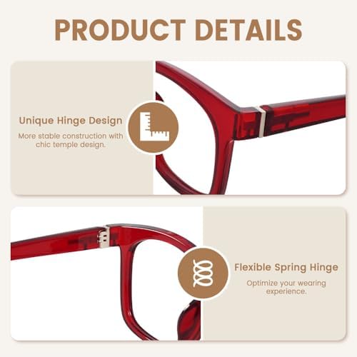 JiSoo Square Oversized Reading Glasses Women 1.25, Chunky Stylish Designer Readers 1.25 Women with Spring Hinge, Red 1.25