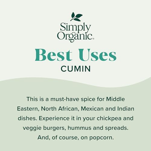 Simply Organic Ground Cumin Seed, 2.31 Ounce Glass Jar, Rich, Warm, Complex Earthy Spice Flavor, Certified Organic, Kosher